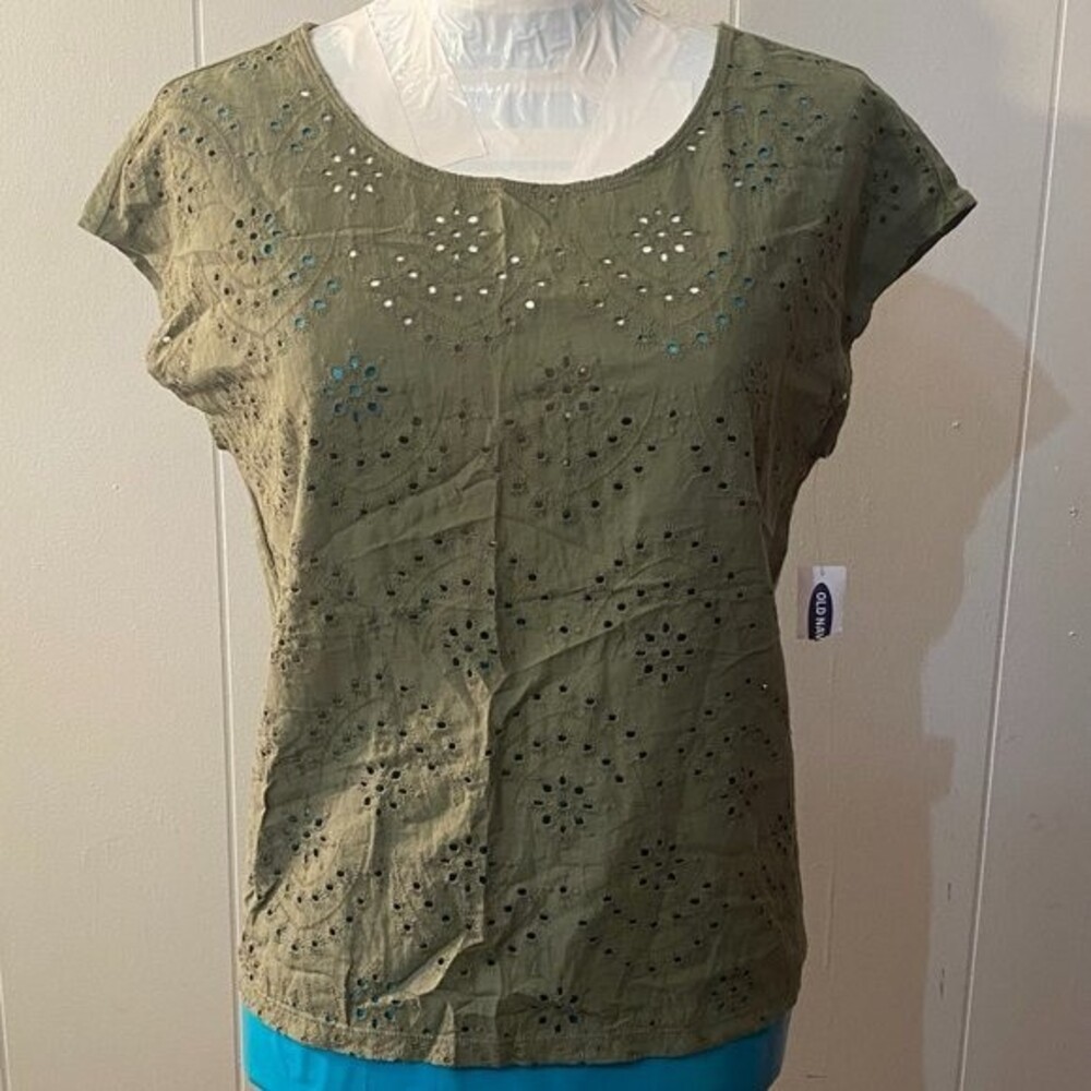Old Navy NWT Eyelet Boho Cotton Sage Green Shortsleeve Womens Top Size XS